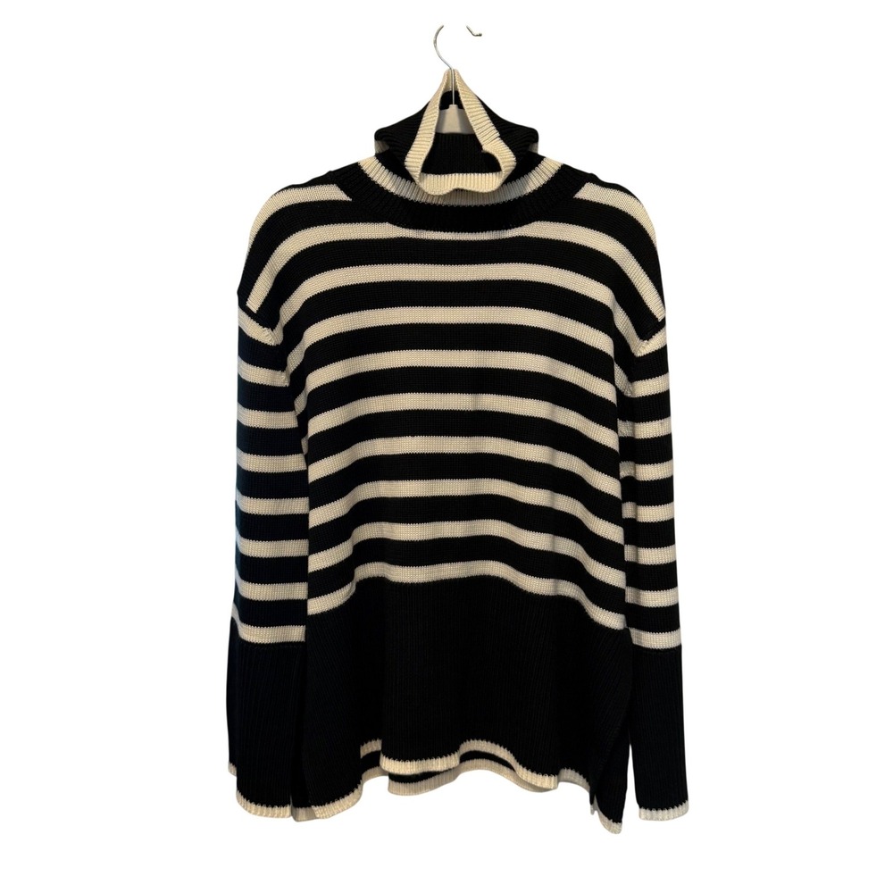 New AVANTLOOK Striped Turtleneck Knit Sweater Side Slit Cozy Sz M Black Cream